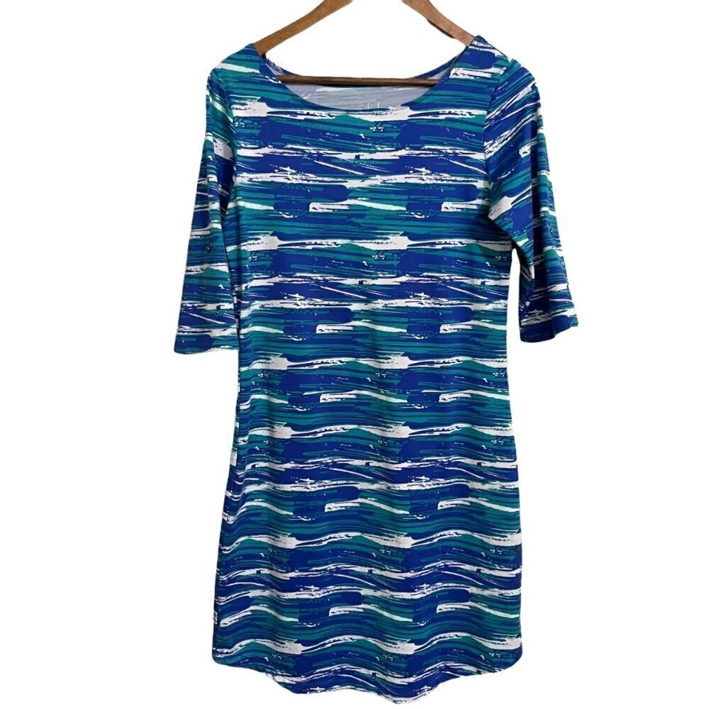 Lola Womens Blue Abstract Striped Roll Tab Sleeve Active T-Shirt Dress Medium